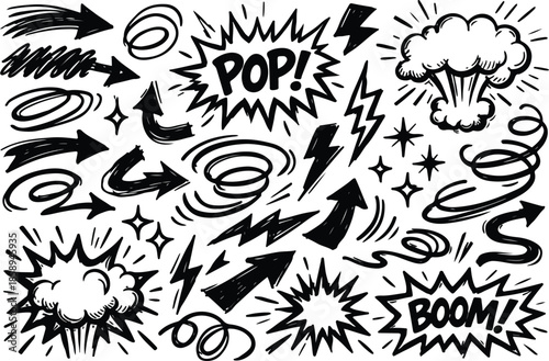 Hand-drawn Doodle Comic Elements Set with Arrows, Bursts, and Lightning Bolts on White Background