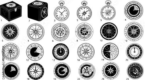 Vintage Navigation and Time Instruments Black and White Line Art Icons - Antique Compasses, Pocket Watches, and Exploration Tools for Travel, History, and Adventure Designs