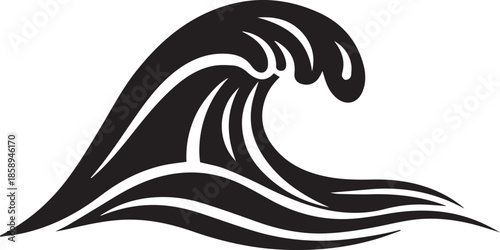 High-contrast black and white vector illustration of a powerful breaking wave. Features bold silhouettes and stylized water droplets, perfect for sports branding and surf-themed graphics.