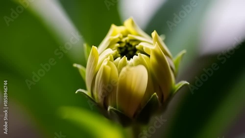 Close-up of a budding flower with lush green leaves