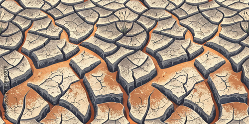 Detailed pattern of cracked dry earth with sparse vegetation, showcasing the effects of drought.