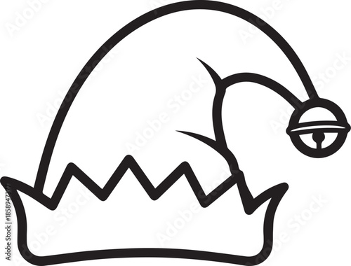 A simple black and white line art vector of a festive elf or Santa hat with a jagged brim and a small jingle bell at the tip, ideal for holiday and Christmas designs.