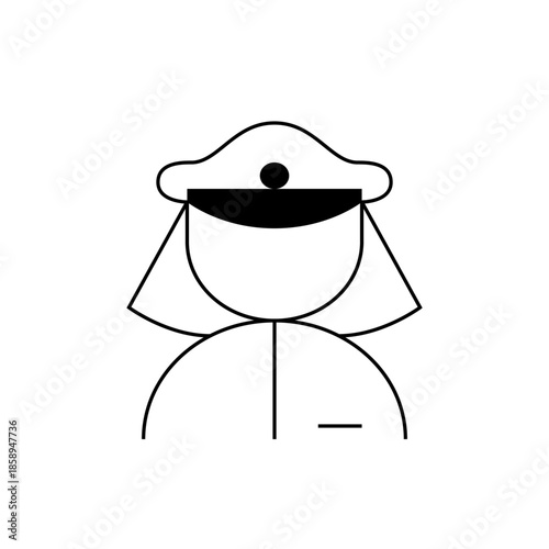 Vector illustration of a female police officer wearing a cap and uniform, simple outline icon representing law enforcement personnel and public safety in a stylized manner.