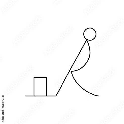 Stick Figure Pushing a Box Upwards on an Inclined Plane, Simple Line Art Illustration of Effort and Movement Concept.
