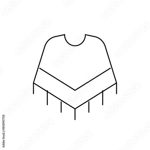 Simple Outline of a Traditional Poncho with Decorative Chevron Pattern and Fringe Detailing, Isolated on White Background.