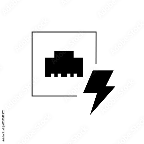 Power over Ethernet network port icon with lightning bolt symbol, representing electrical power delivery through data cables, IT infrastructure, and connectivity.