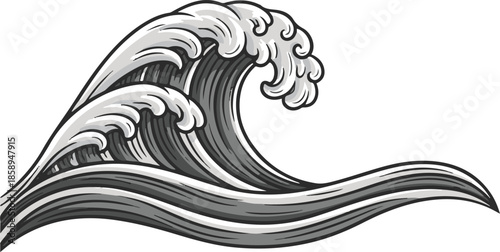 Detailed monochrome vector illustration of a breaking ocean wave in a traditional Japanese art style with stylized foam and intricate linework.