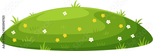 Cartoon Style Grassy Hill with Flowers and Grass Illustration Graphic Element