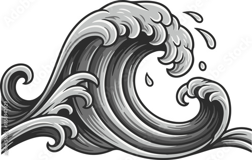 Detailed grayscale vector of a crashing ocean wave with intricate shading and splashing droplets. Classical illustration style capturing the powerful, rhythmic motion of a breaking surf.