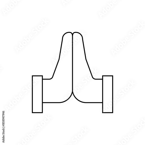 Stylized Line Art Icon of Two Hands Clasped Together in Prayer or Greeting Gesture on White Background, Minimalist Design.