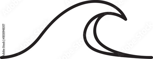 Minimalist black and white vector illustration of a breaking ocean wave with a clean, curling line art design.