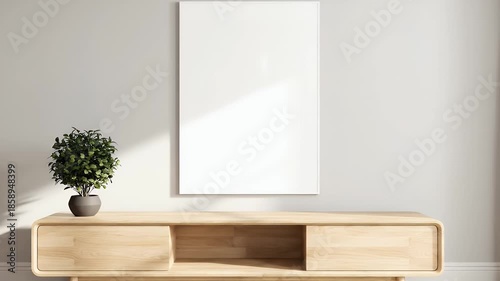 Minimalist living room with wooden TV stand and blank canvas on wall.