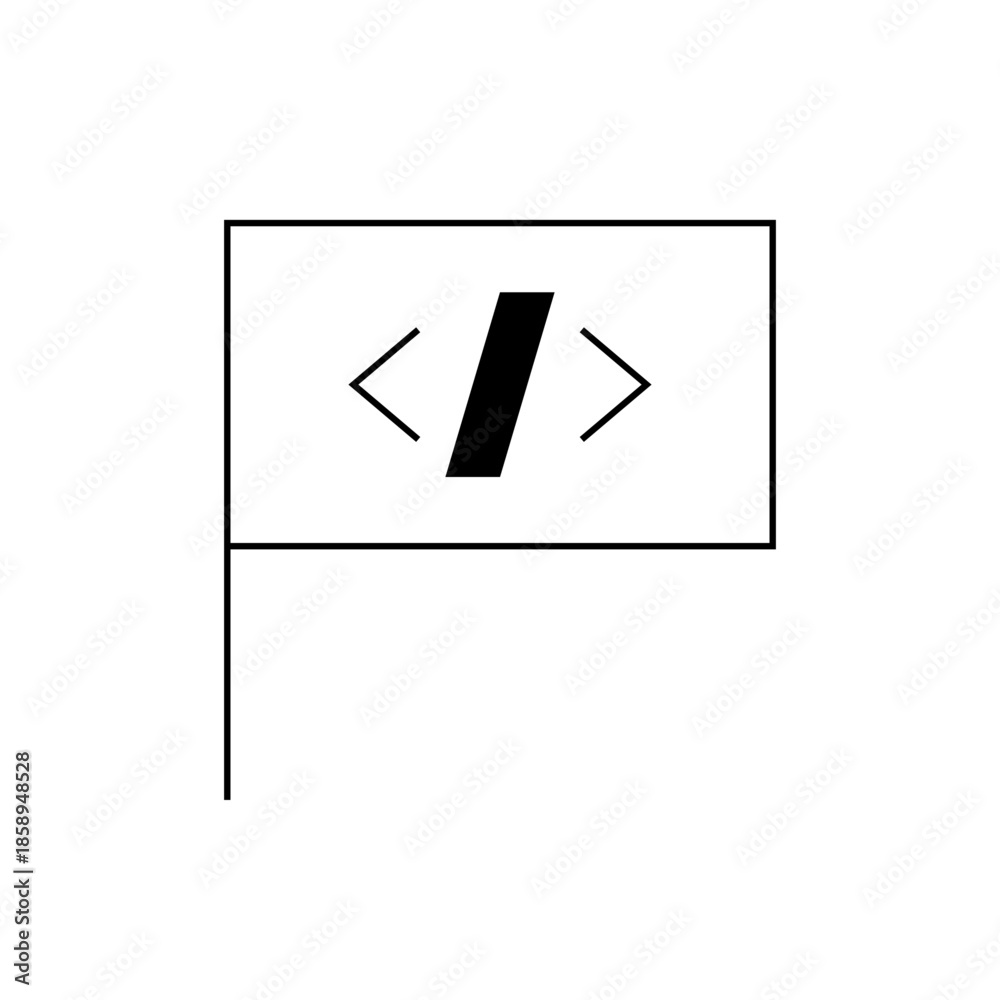 Fototapeta premium Programming language symbol displayed on a waving flag against a white background, representing code and development