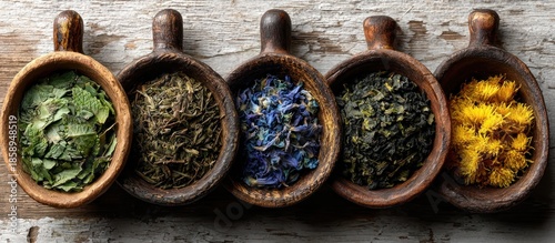 Five wooden scoops filled with various dried herbs and flowers, arranged neatly