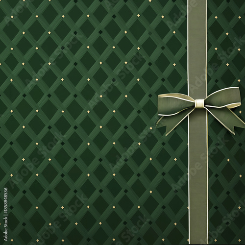 Green pattern background with a ribbon and bow on top. Perfect for festive designs, gift wrapping, invitations, and holiday projects.