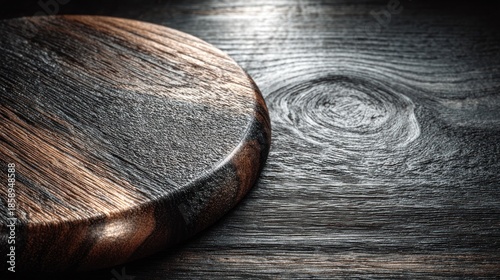 Close up of a circular, dark wooden cutting board on a wooden surface