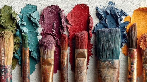 Paintbrushes lined up with colorful paint strokes on a white surface