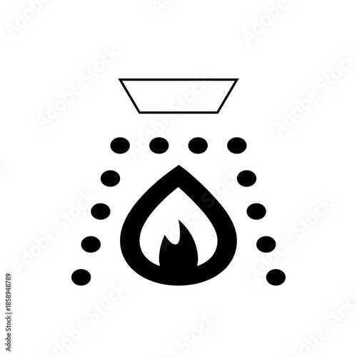 Abstract Icon Symbolizing Fire Suppression or Extinguishing with Water Droplets Falling onto a Flame, Stylized Design