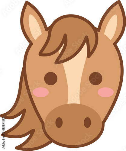 Cute vector illustration of a brown horse head with a friendly expression and pink cheeks. Stylized Chinese zodiac animal icon in a flat, cartoon style, isolated on a plain background.