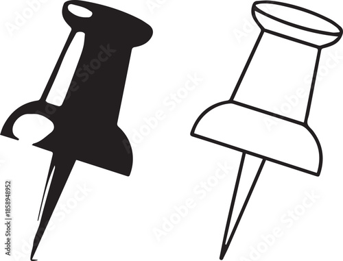A minimalist vector illustration featuring two pushpins, one in solid black silhouette and one in a simple line art outline, perfect for office, organization, or notice board themes.