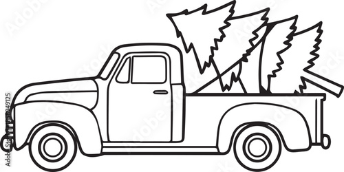 A classic line art vector of a vintage pickup truck carrying Christmas trees in its bed, perfect for holiday-themed designs and seasonal transportation concepts.