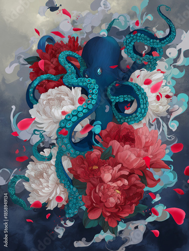Blue octopus surrounded by vibrant red and white blossoming flowers. Perfect for ocean themed designs, floral visuals, or unique nature concepts.