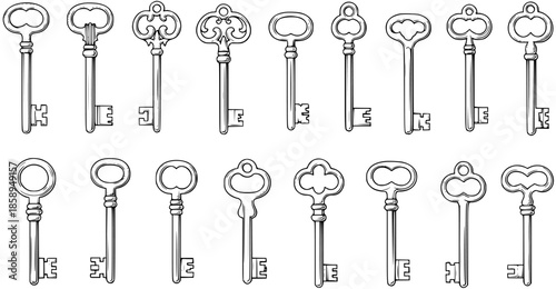 Vintage Skeleton Keys Line Art - Antique, Ornate, Historical, Security, Access, Illustration