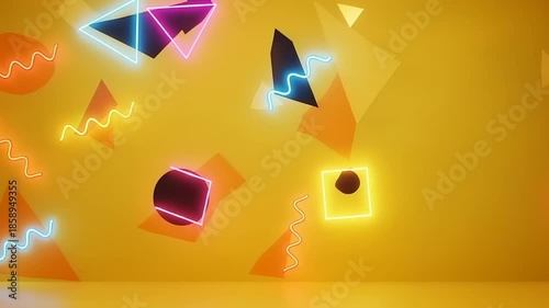 Colorful geometric shapes on a vibrant yellow background