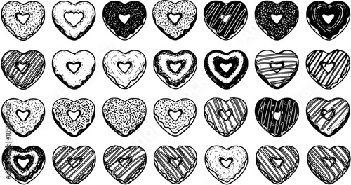 Black and White Line Art Heart Shaped Donuts Vector Illustration, Food and Sweets Concept