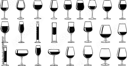 Black and White Line Art Collection of Assorted Wine Glasses Filled with Red Wine