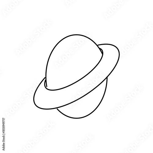 Stylized planet with ring, simple outline drawing on white background, representing space, astronomy and celestial bodies.