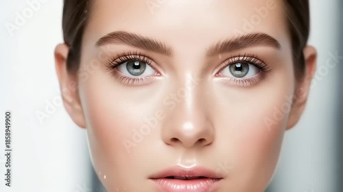 Close-up of a young woman with flawless skin and captivating eyes