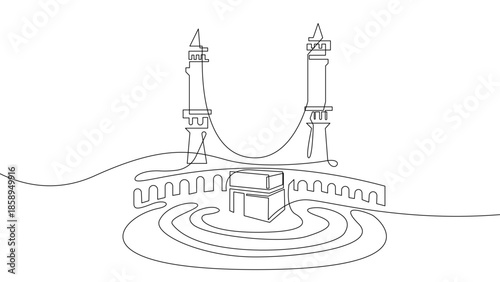 Continuous one line Kaaba and Masjid al Haram illustration, Ramadan and Eid Islamic holy mosque concept, minimalist linear vector design