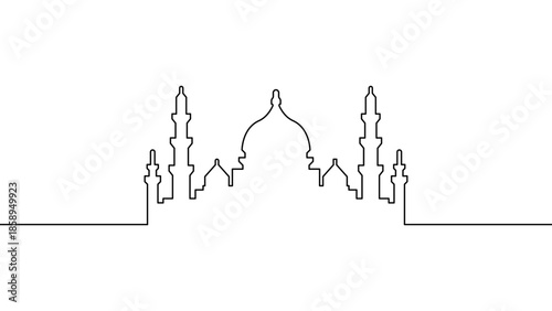 Continuous one line mosque skyline illustration, Ramadan and Eid al Fitr Islamic architecture silhouette, minimalist linear vector design