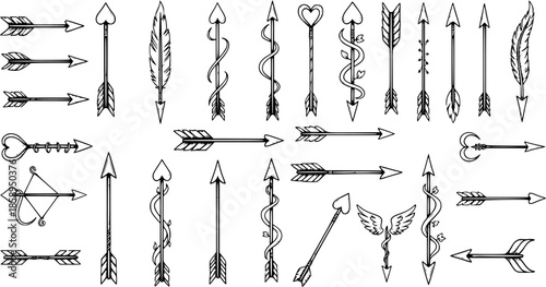 Black and White Line Art Arrows Vector Set, Boho Tribal Arrow Illustrations, Rustic  Romantic Arrow Designs