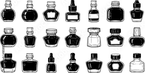 Black and White Line Art Collection of Various Ink Bottle Designs for Calligraphy and Art