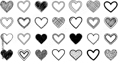 A Diverse Collection of Hand-Drawn Black and White Heart Illustrations for Love, Romance, and Emotional Design. Featuring Sketchy Outlines, Solid Shapes, and Various Perfect for Valentine's Day