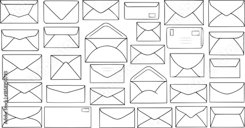 Black and White Line Art Illustration of Various Envelopes and Postal Mail, Communication Concept