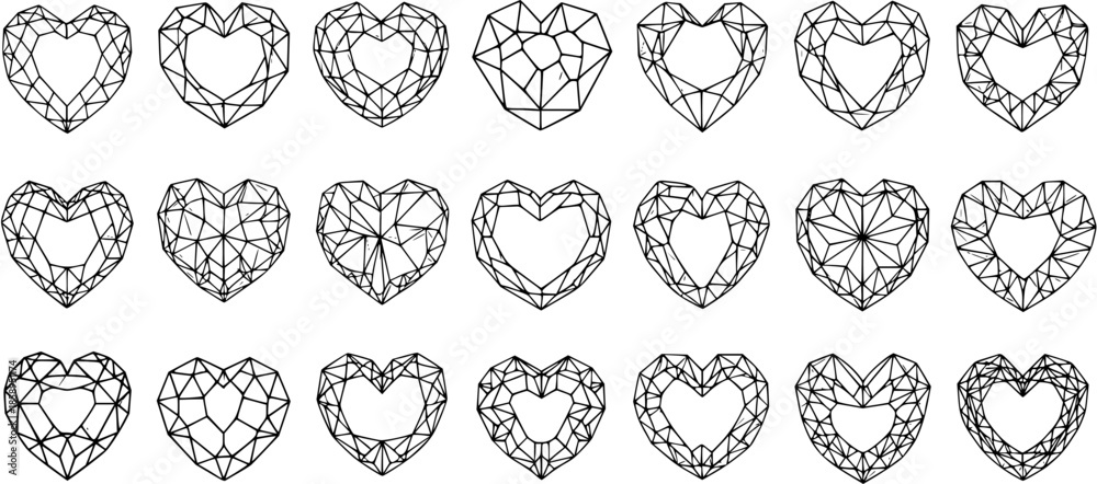 Fototapeta premium Black and White Line Art of Heart-Shaped Gemstone Facets, Isolated Vector Graphics