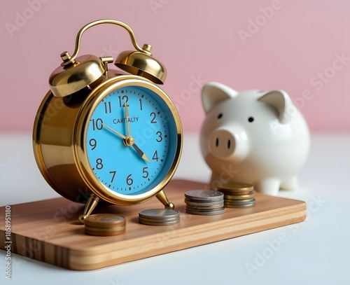 Vintage Brass Alarm Clock with Blue Face and Piggy Bank on Wooden Board Showing Coins, Financial Savings Concept in a Stylish Setting