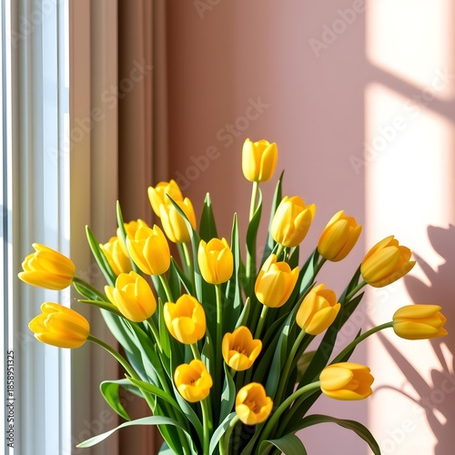 Vibrant Indoor Floral Arrangement Featuring Bright Yellow Tulips in Elegant Vase Against a Soft Pink Wall with Natural Light