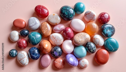 A Vibrant Collection of Polished Gemstones in Various Shapes and Colors on a Soft Pink Background Ideal for Jewelry, Crafts, and Home Decor