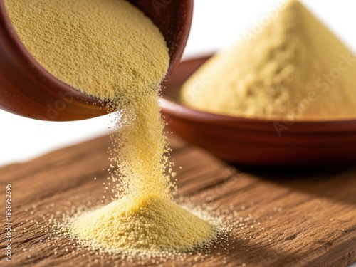 Pouring yellow powder from wooden bowl onto wooden surface