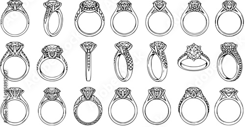 Black and White Line Art Collection of Diamond Engagement Rings, Various Styles