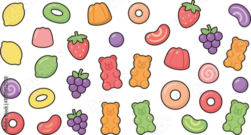 Cartoon candy and fruit grid illustration, gummy bears, jelly beans, sweet treats, colorful snack pattern, playful vector design