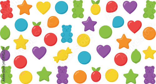 Colorful candy and fruit grid illustration, gummy bears, sweet treats, playful background, vibrant snack pattern, cheerful vector design