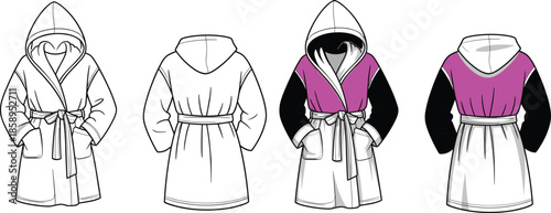 Technical bathrobe sketch, front and back views, color-blocked design, hooded robe, fashion illustration, garment construction, apparel template