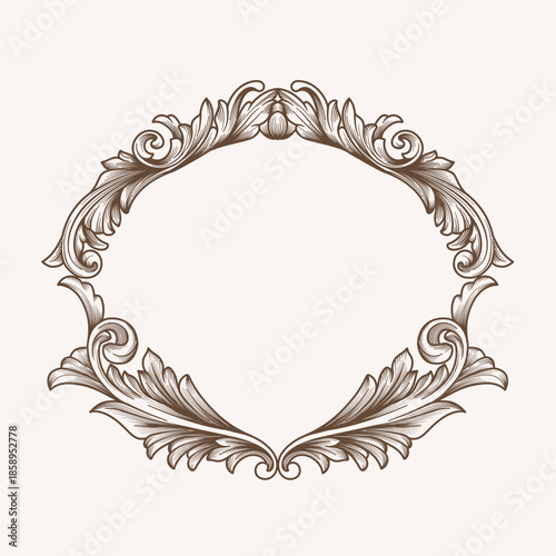 Vector illustration of a invitation card frame vintage baroque frame engraving, detailed border floral retro wedding crest, scrollwork for greeting card, certificate, scrapbook