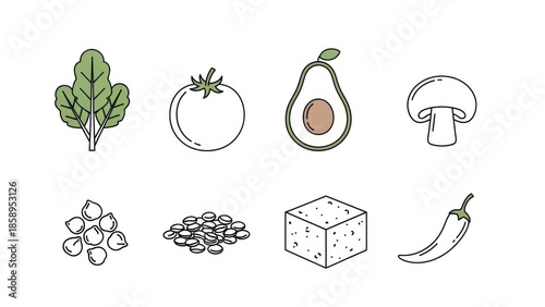 Assorted fresh vegetables and fruits. Assorted vegetables and cheese in simple line art