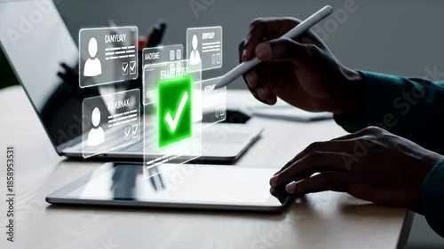 Professional managing digital applicant profiles on a holographic HR interface, streamlining talent acquisition, candidate selection, and human resource management with AI-powered recruitment...